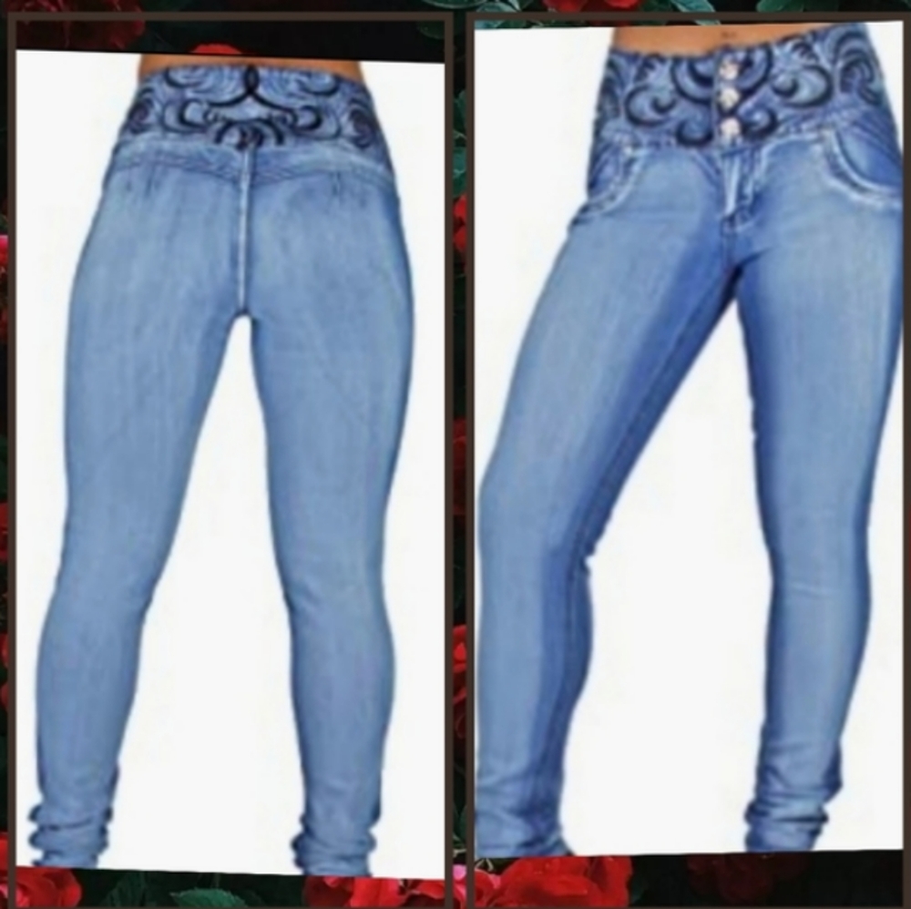 Mid-rise DeepEmbroideredWaist Contouring BumLifting two-tone Blue SkinnyJeans